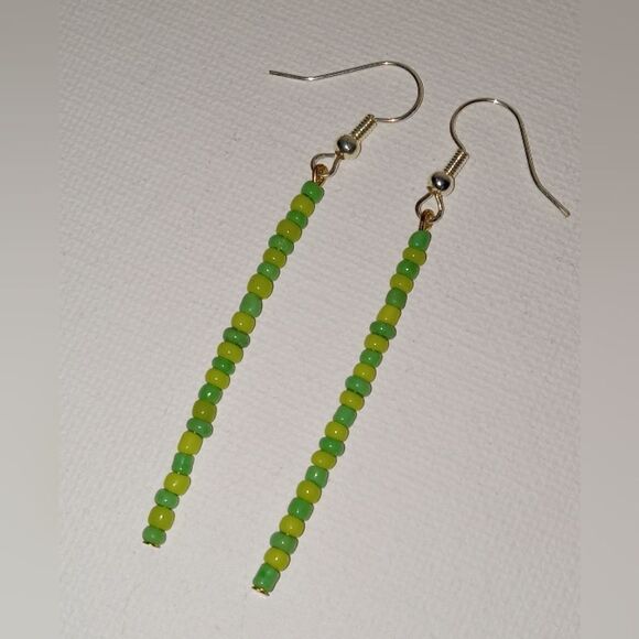 CLEARANCE  Light and medium green beaded earrings minimalist hippie lagenlook - Picture 1 of 3